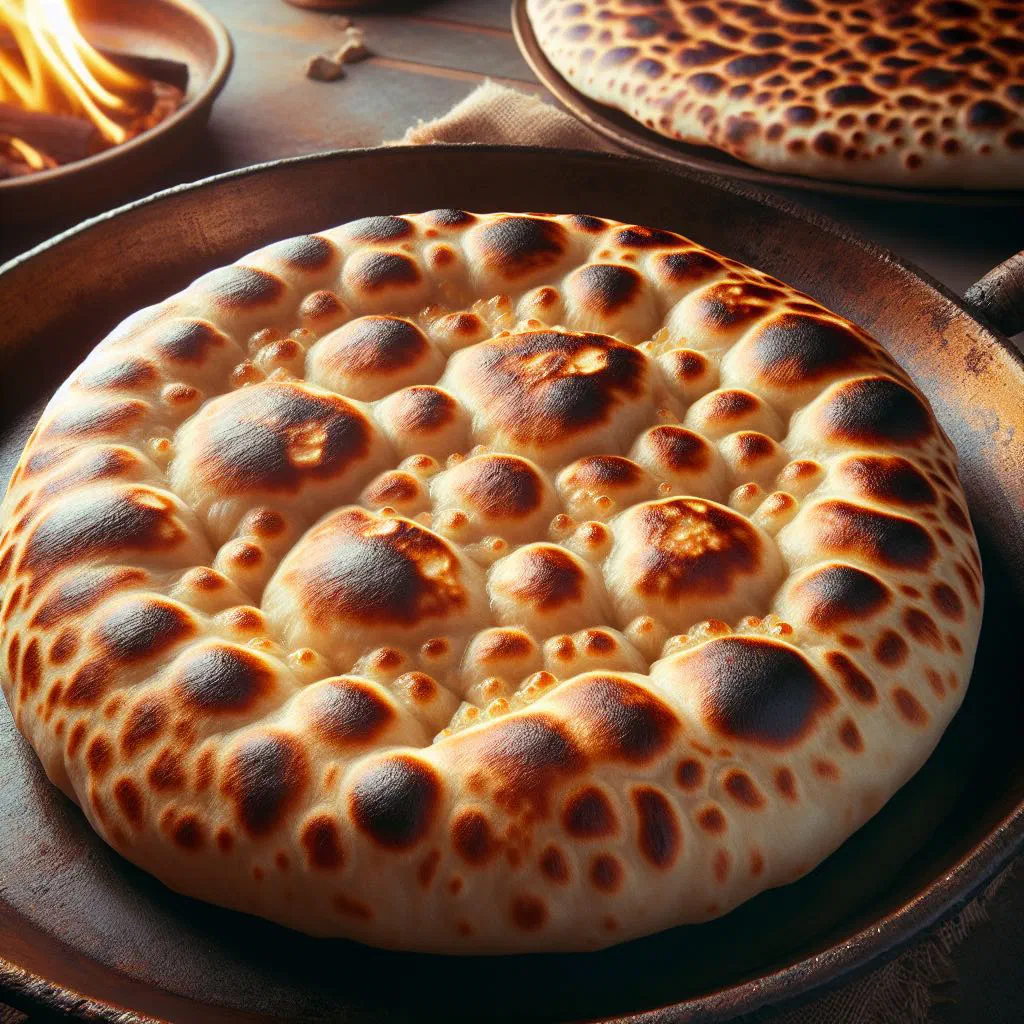 Thin round khobz saj flatbread baked on a domed griddle