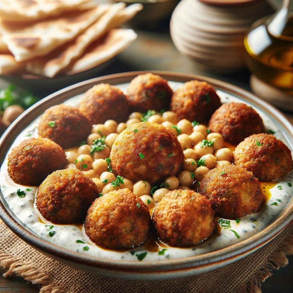 Kibbeh meatballs simmered in a creamy yoghurt sauce, garnished with fresh mint