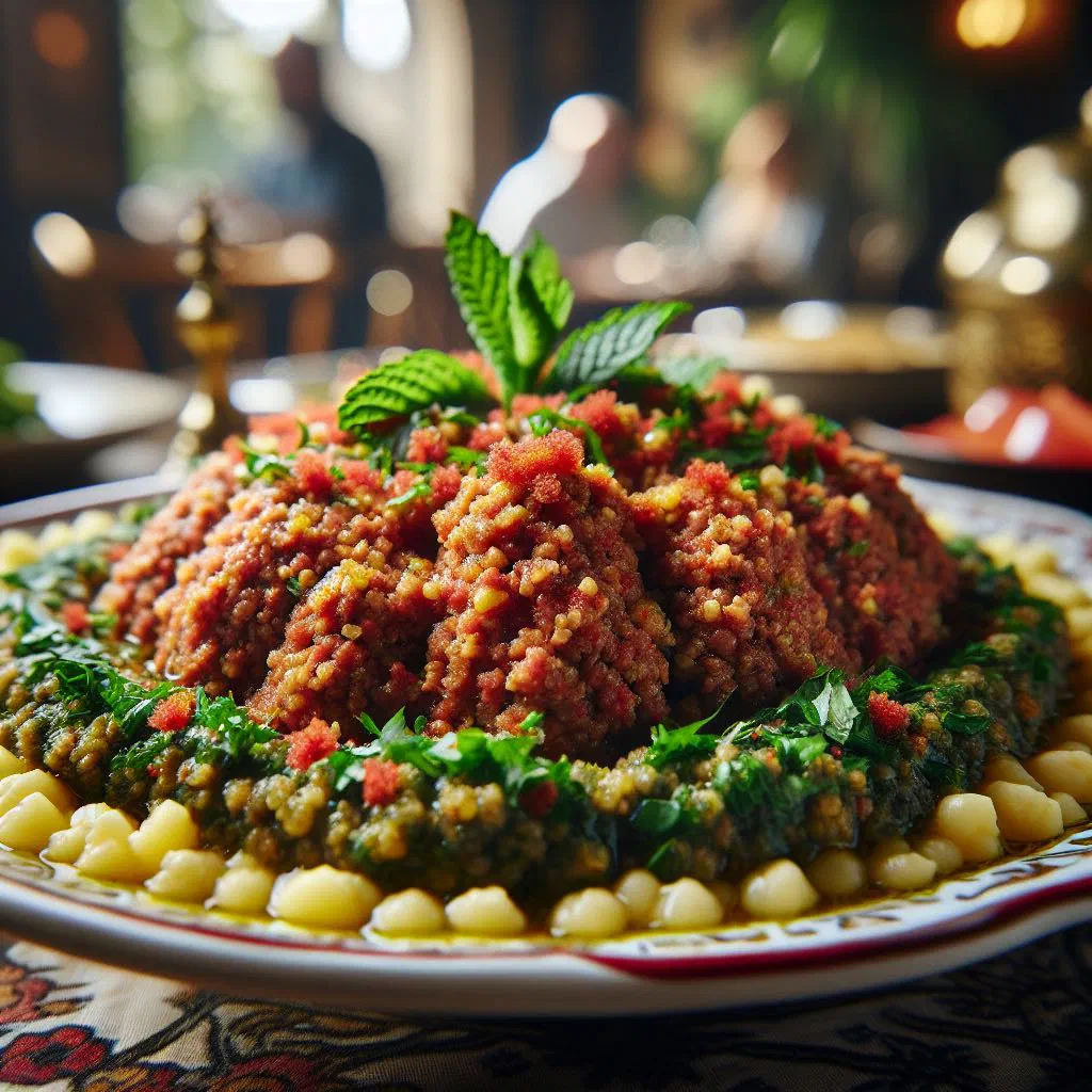 Kibbeh nayyeh spread on a plate, drizzled with olive oil and garnished with fresh mint
