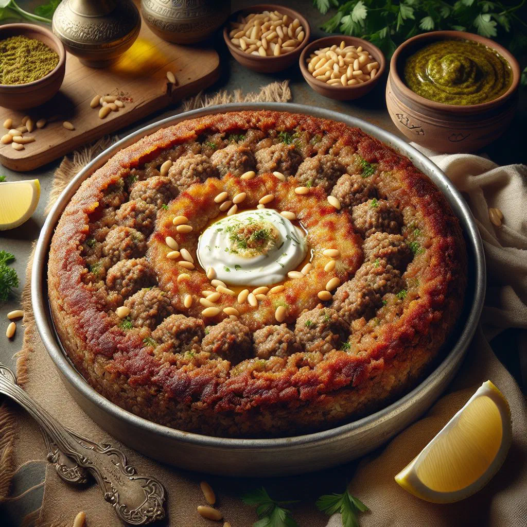 Baked kibbeh sajiyeh dough balls garnished with fresh herbs and lemon