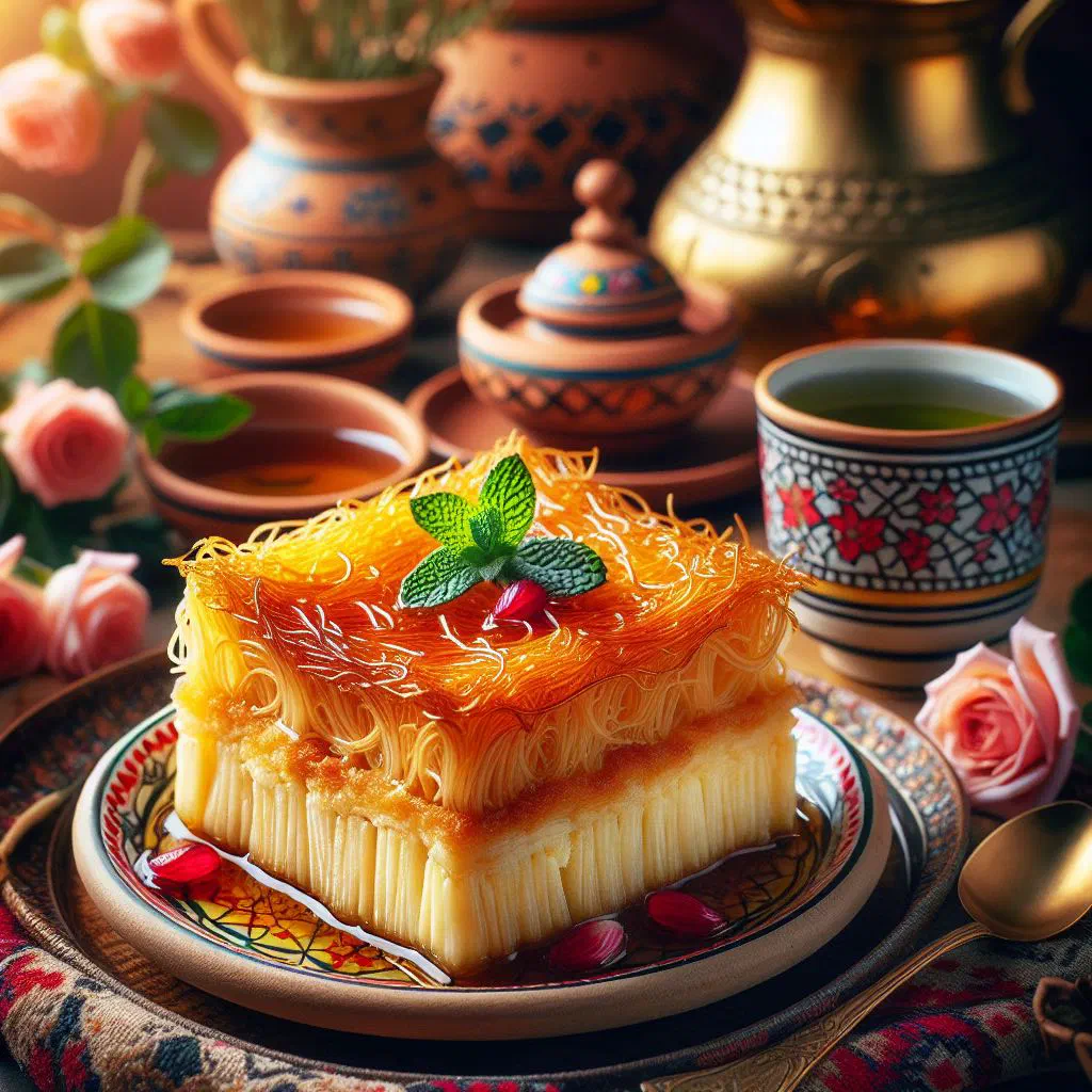 Golden knafeh soaked in syrup and topped with chopped pistachios