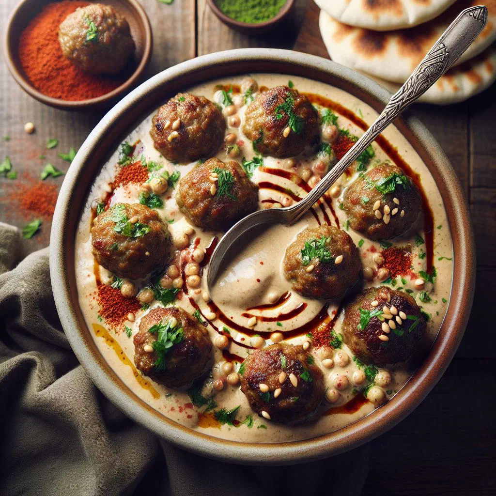 Spiced kofta meatballs simmered in creamy tahini sauce