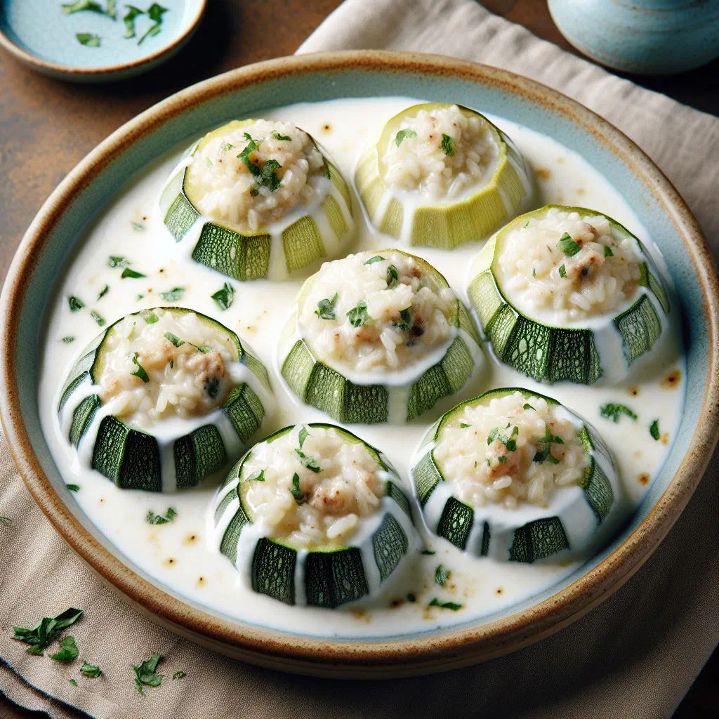 Stuffed courgettes in a creamy yoghurt sauce garnished with fresh parsley