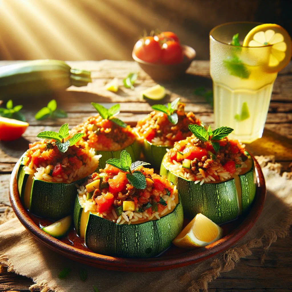 Stuffed courgettes simmered in tomato sauce, served in a deep bowl