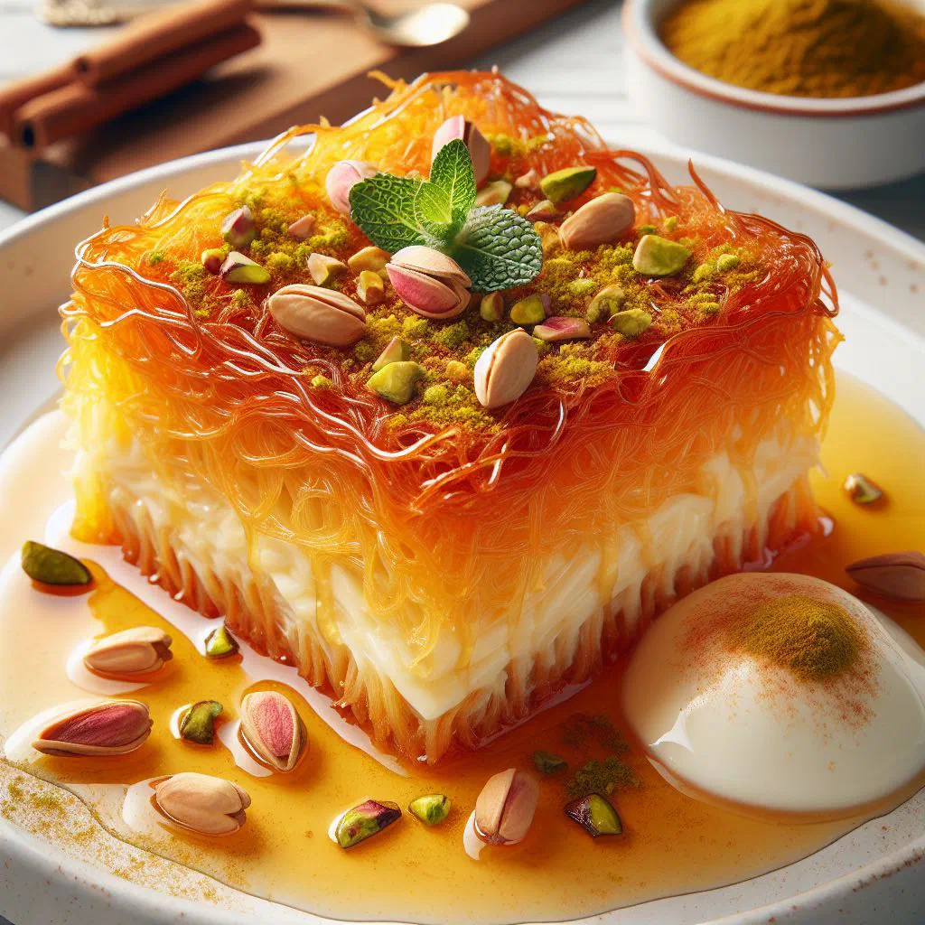 Golden kunafa nabulsia topped with chopped pistachios and drizzled with syrup