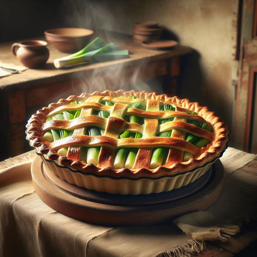 Golden-baked leek pie with buttery pastry, sliced into wedges