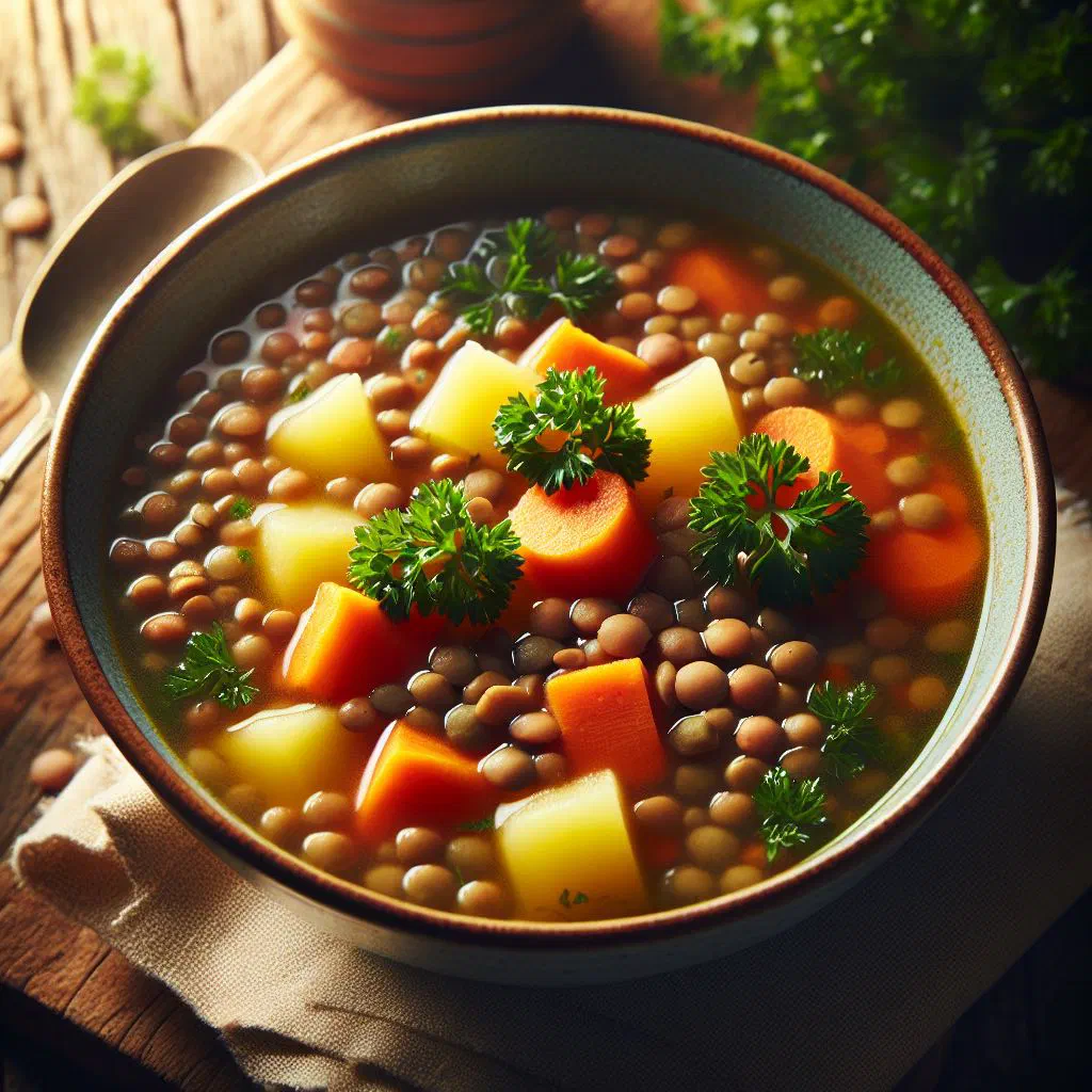 A warming bowl of Jordanian lentil soup with a wedge of lemon