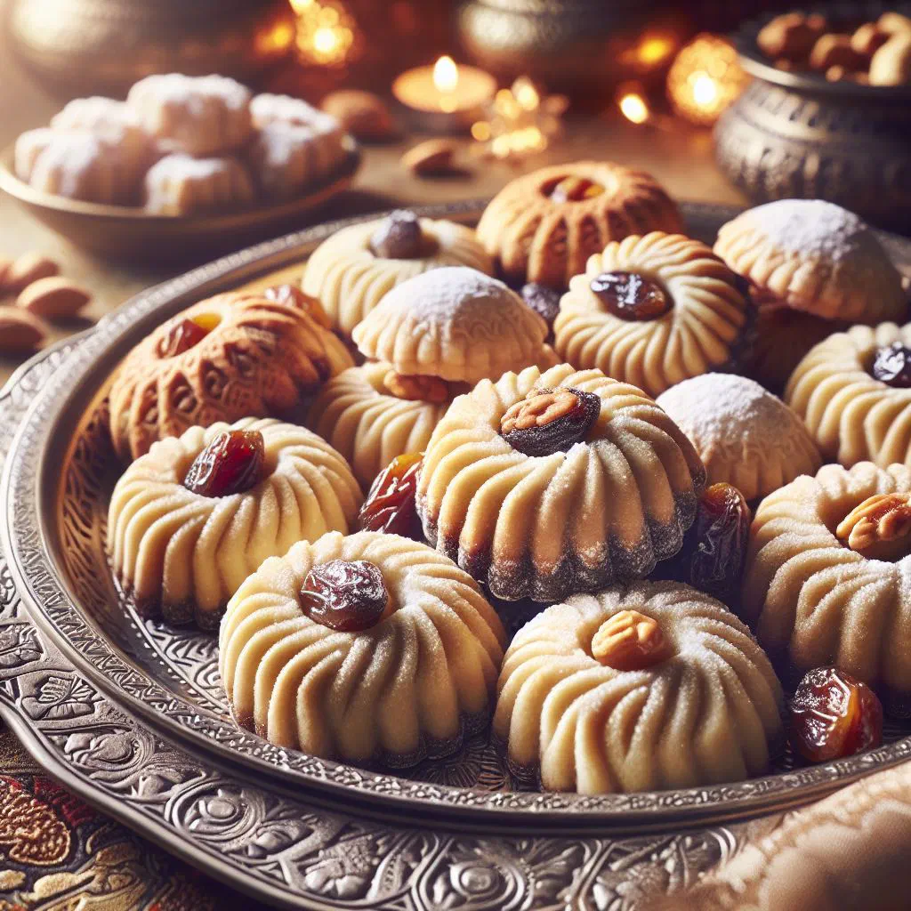 Maamoul date-filled shortbread cookies dusted with icing sugar