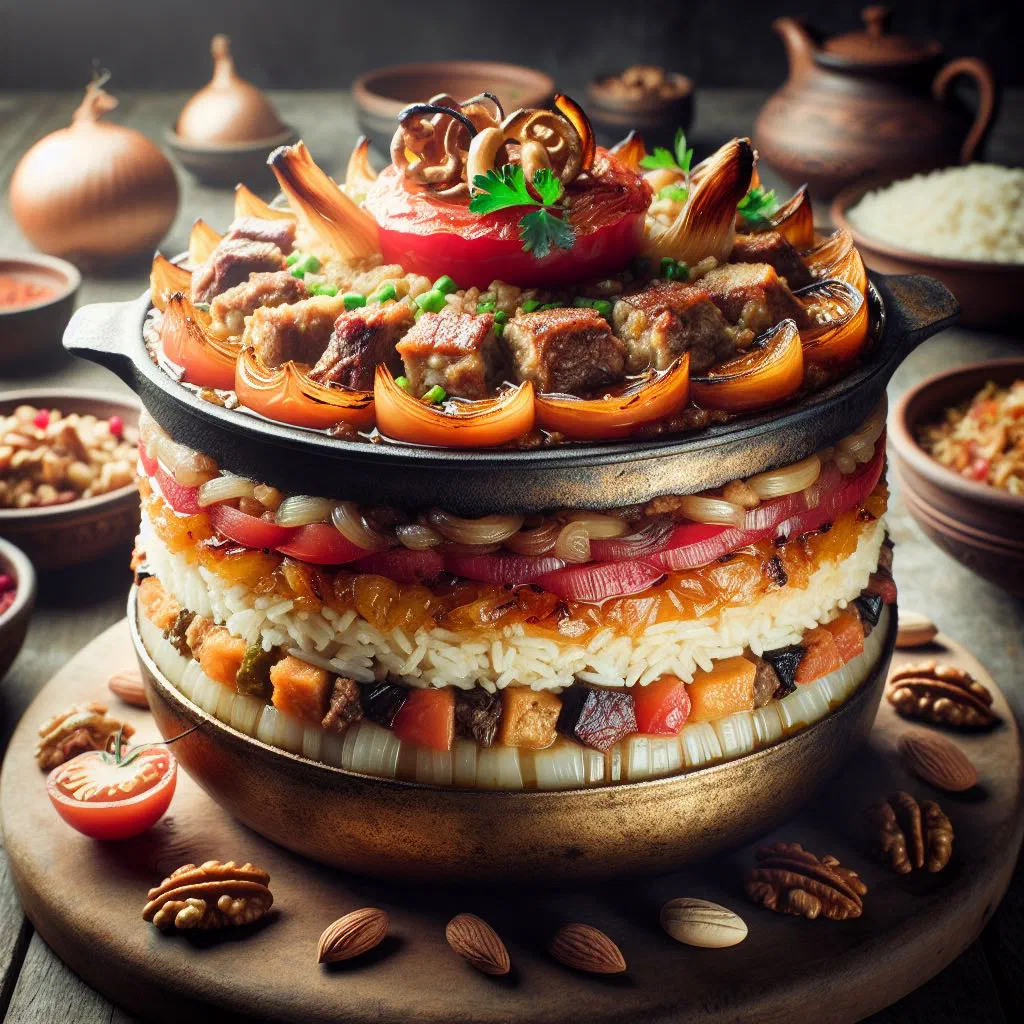 Magloubeh rice and meat turned out onto a platter with vegetables