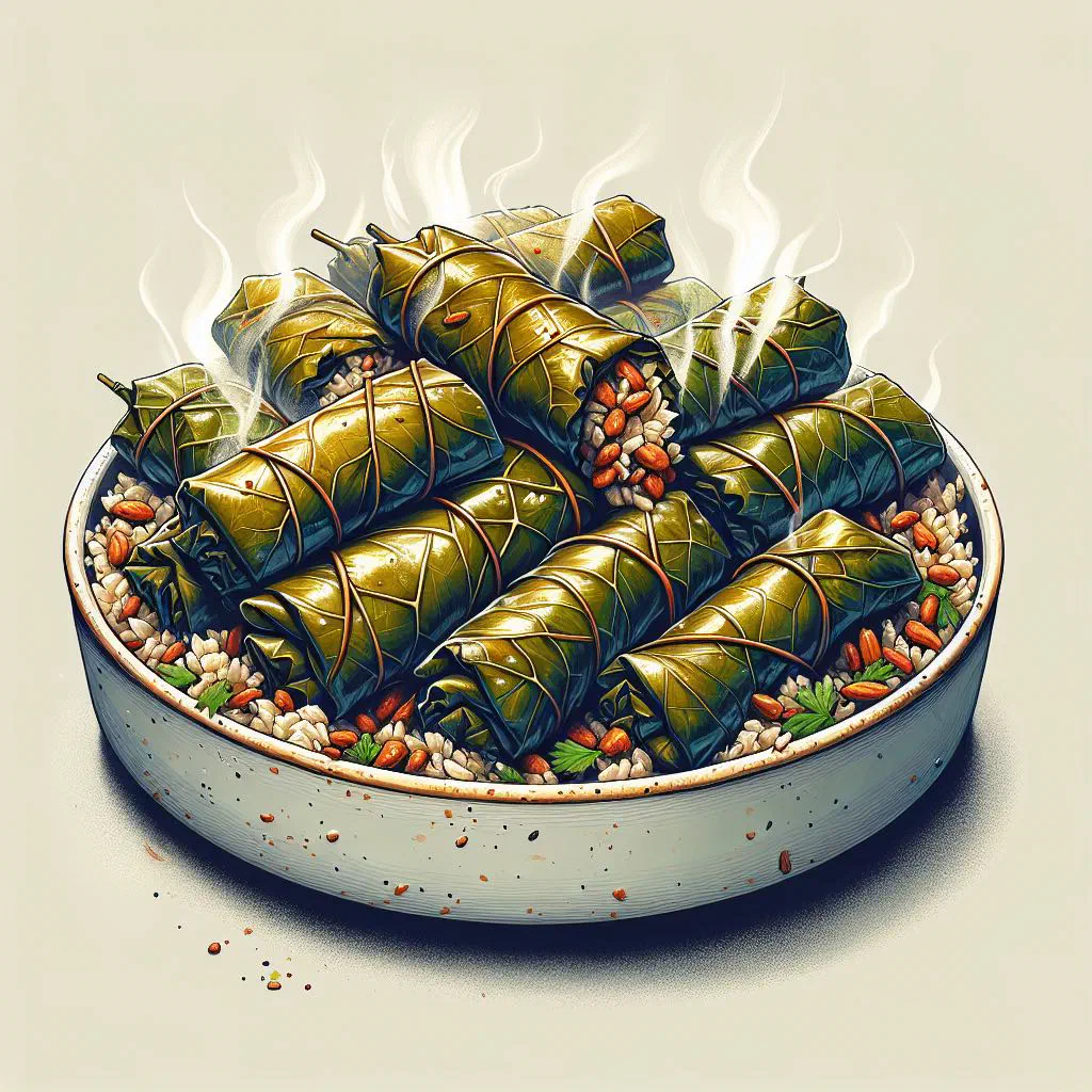 Neatly rolled stuffed grape leaves simmered with lemon slices