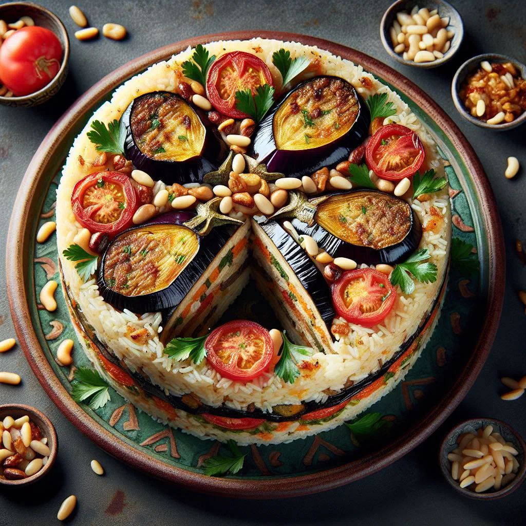 Upturned maklouba with layered rice, chicken and vegetables on a platter