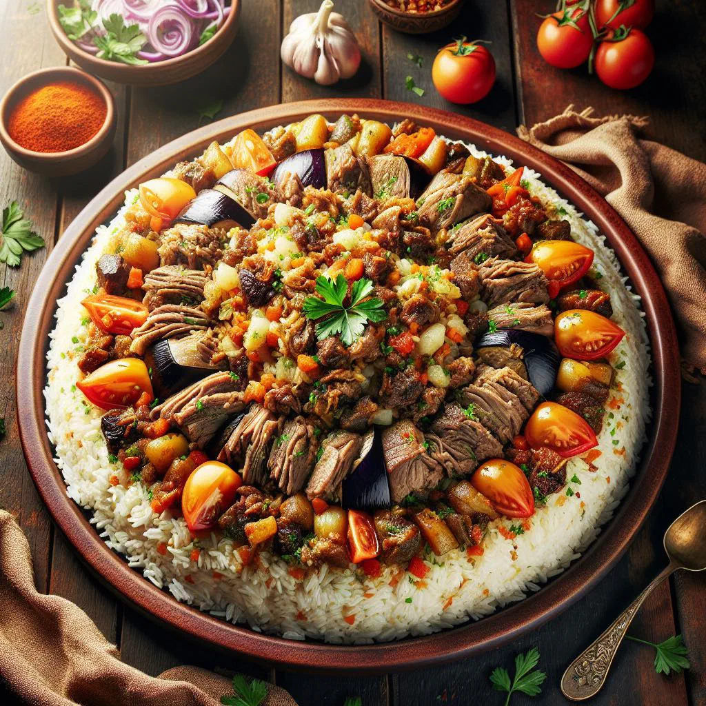 Makloubeh turned out onto a platter with layers of rice, chicken and vegetables