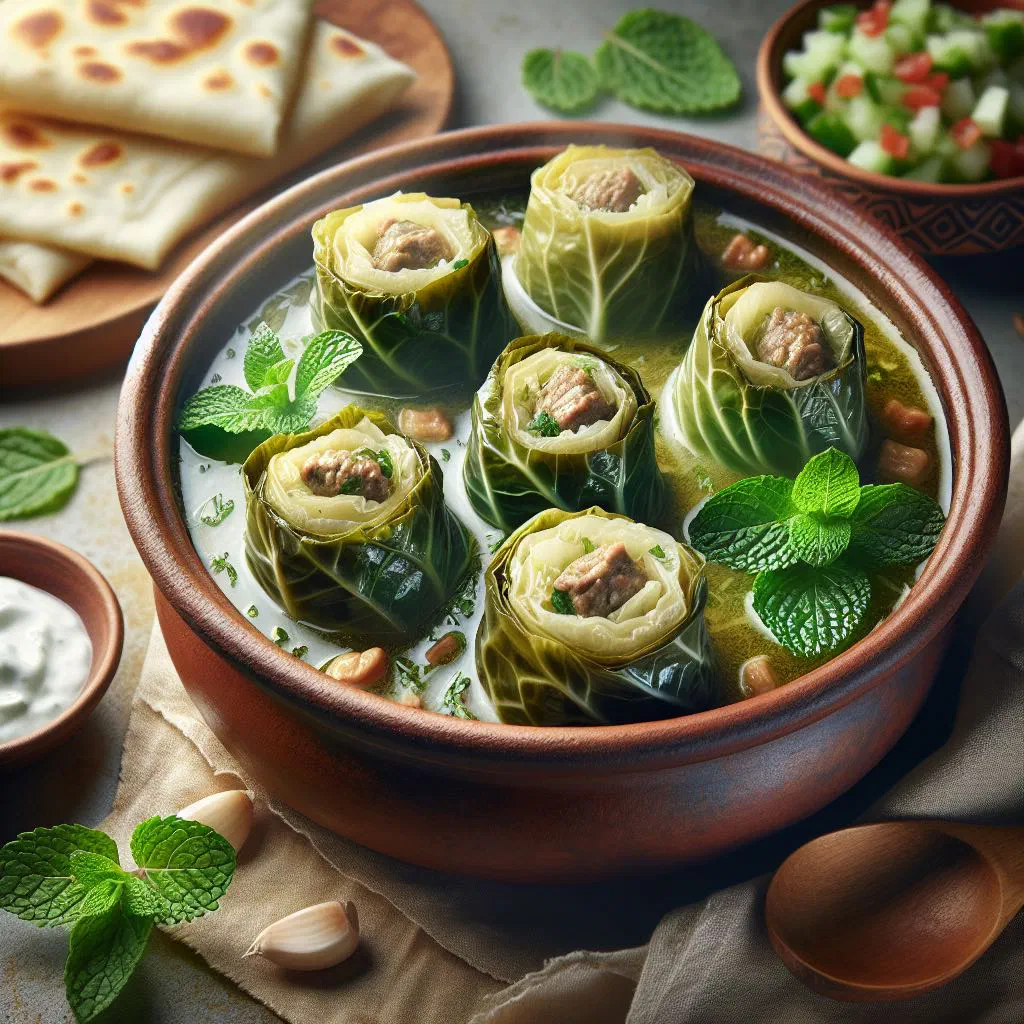 Rolled stuffed cabbage leaves served warm on a plate