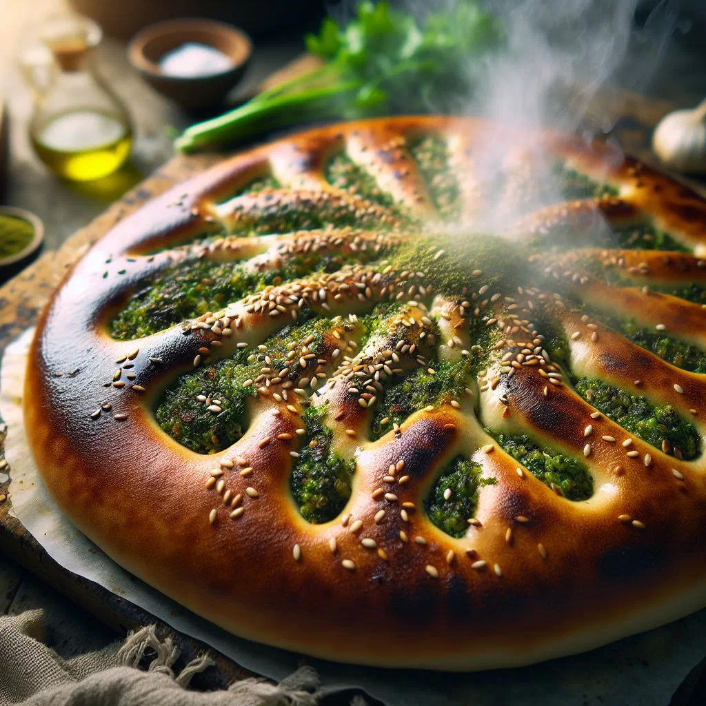 Freshly baked manakeesh flatbread topped with a golden zaatar and olive oil mixture