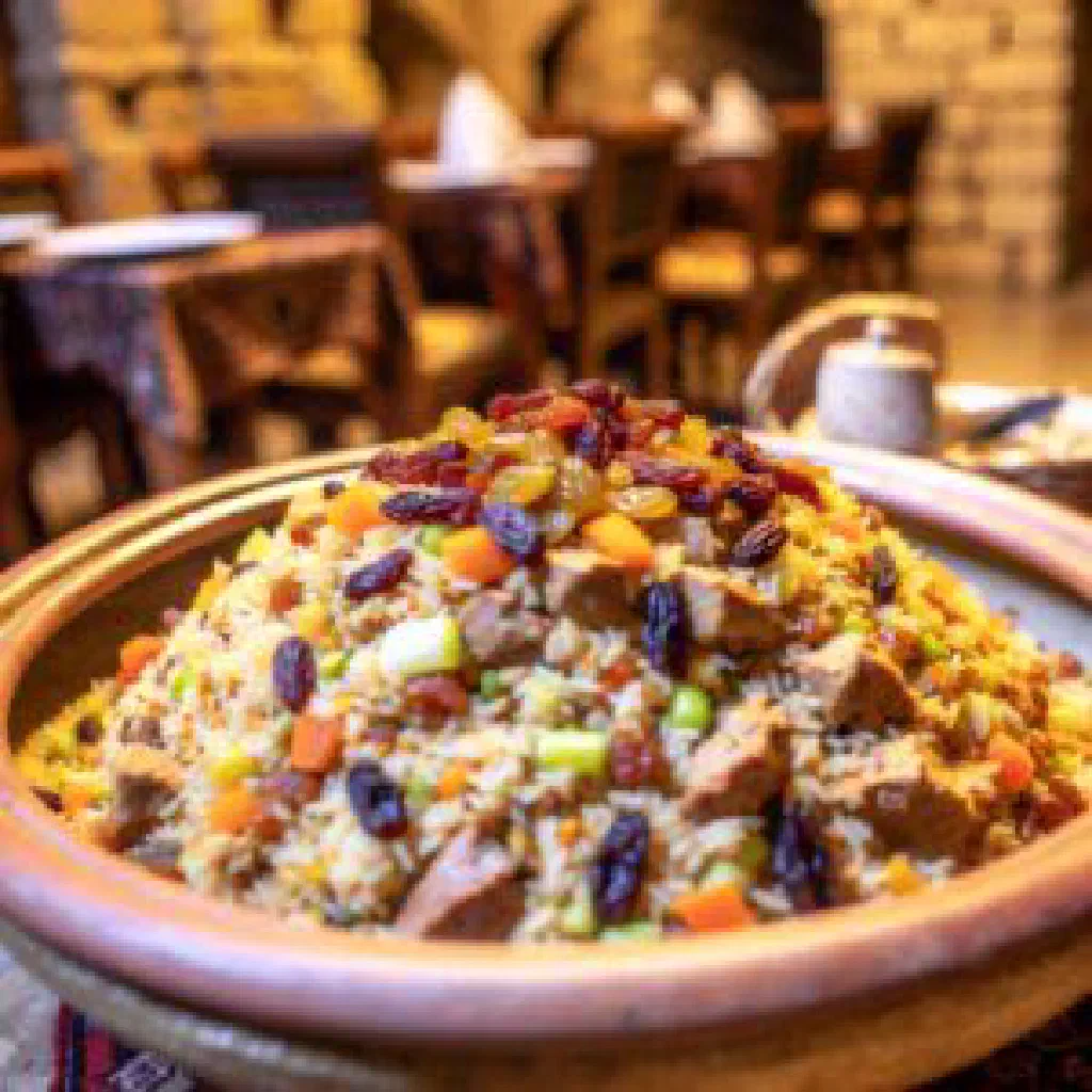 Fragrant mandi rice topped with tender spiced meat and fresh herbs