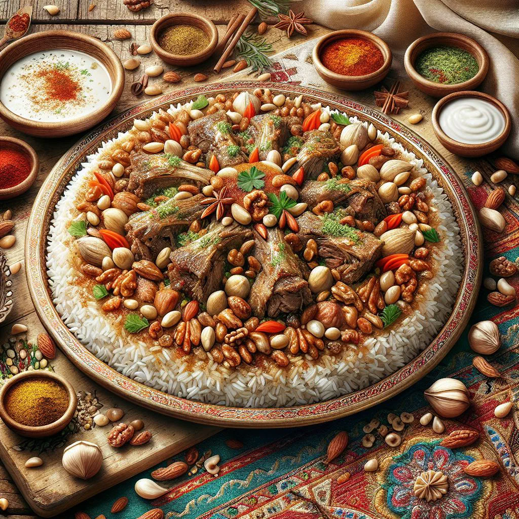 Mansaf with tender lamb and creamy jameed yogurt sauce over rice