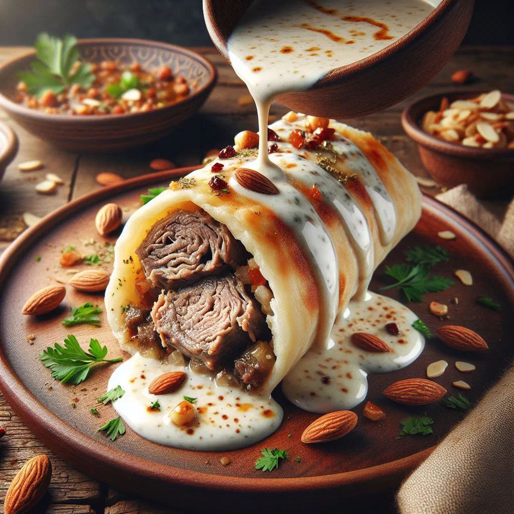 Mansaf roll wrapped in flatbread with lamb, rice and yoghurt sauce