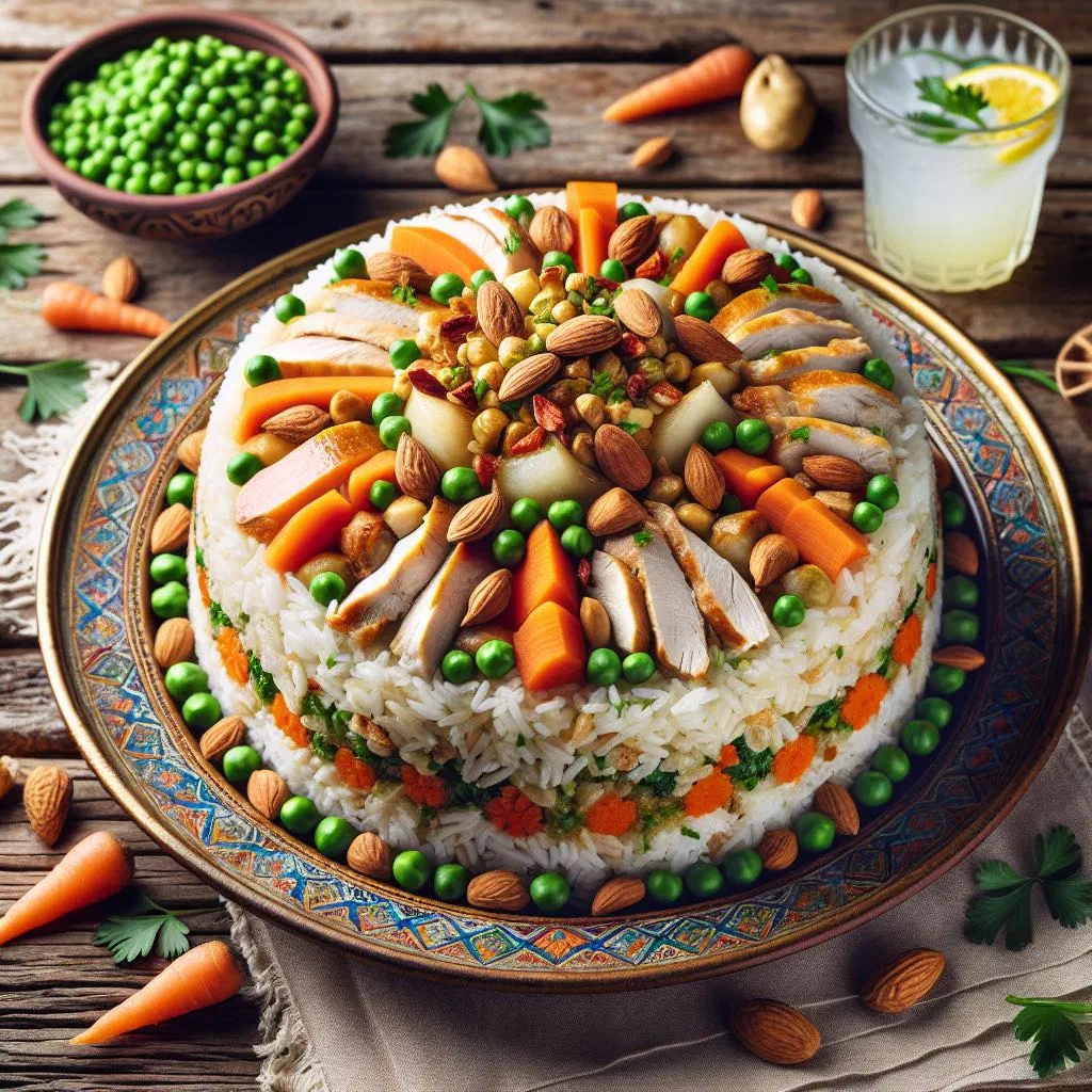 Maqluba turned out onto a platter with layered rice, meat and vegetables