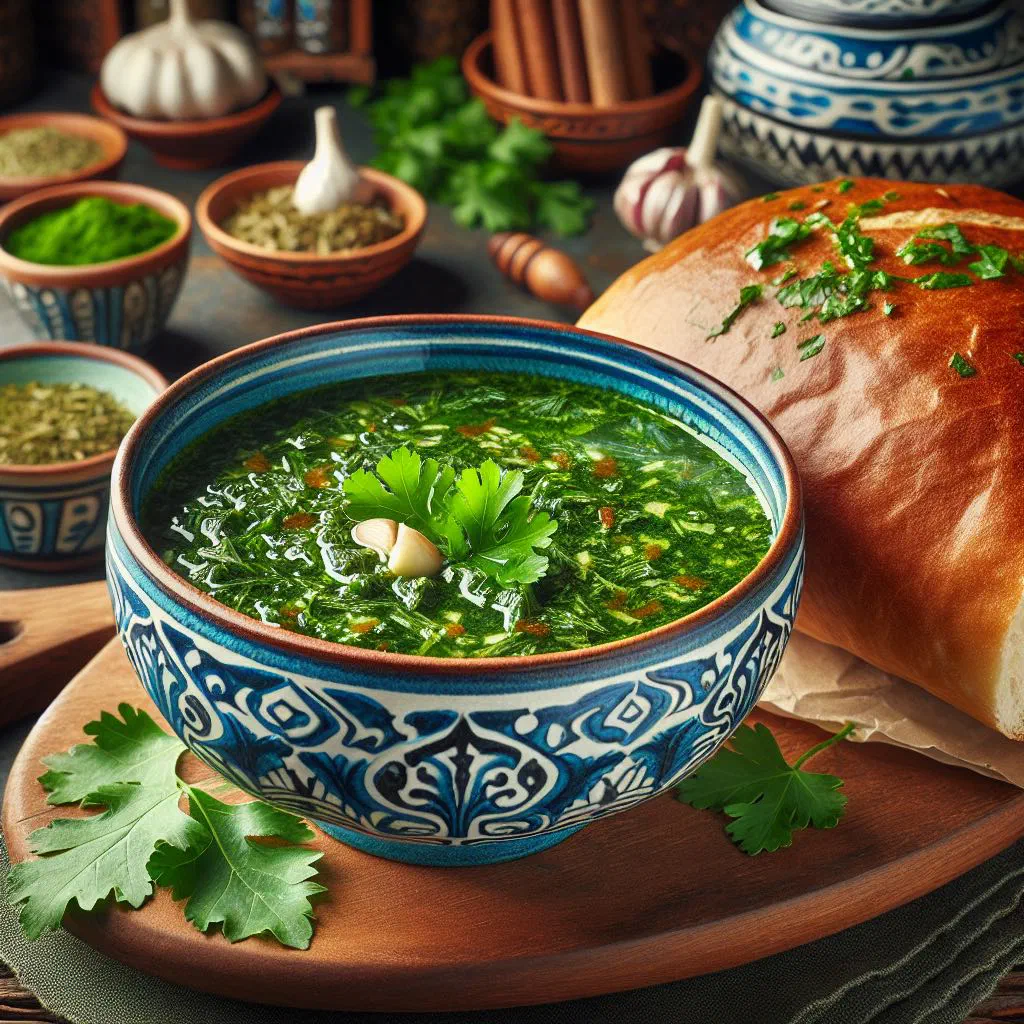 A bowl of green molokhia stew served with rice and flatbread