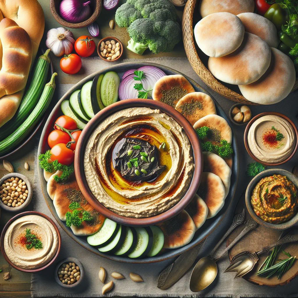 Creamy moutabbal aubergine dip drizzled with olive oil and paprika