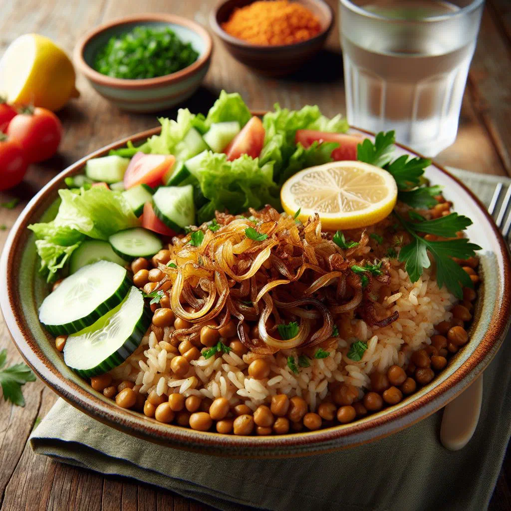 Bowl of mujadara topped with golden caramelised onions