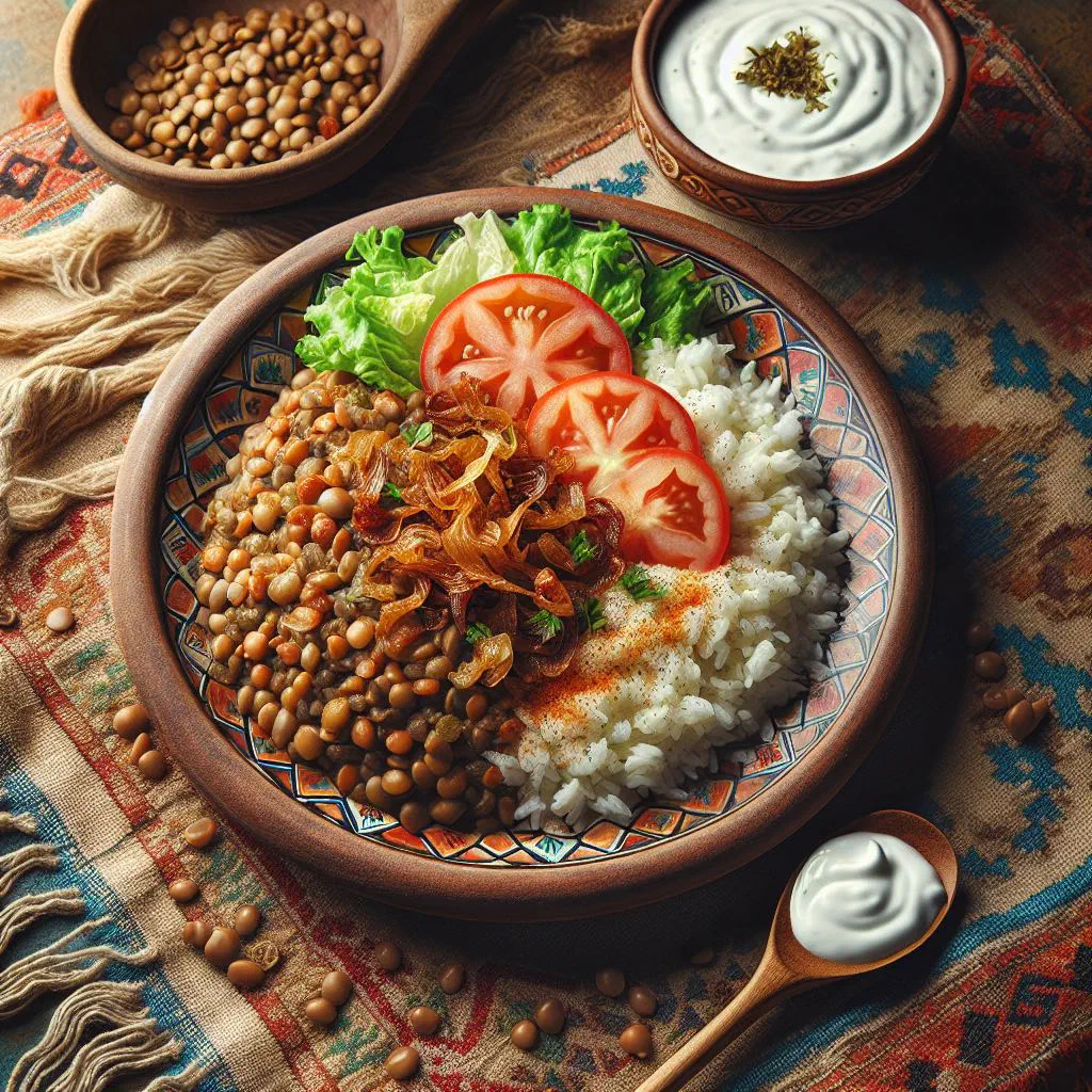 Mujaddara of rice and lentils topped with crispy caramelised onions