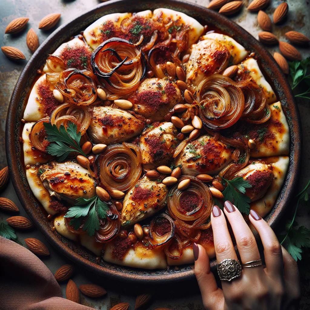 Musakhan with roasted chicken and onions served over flatbread