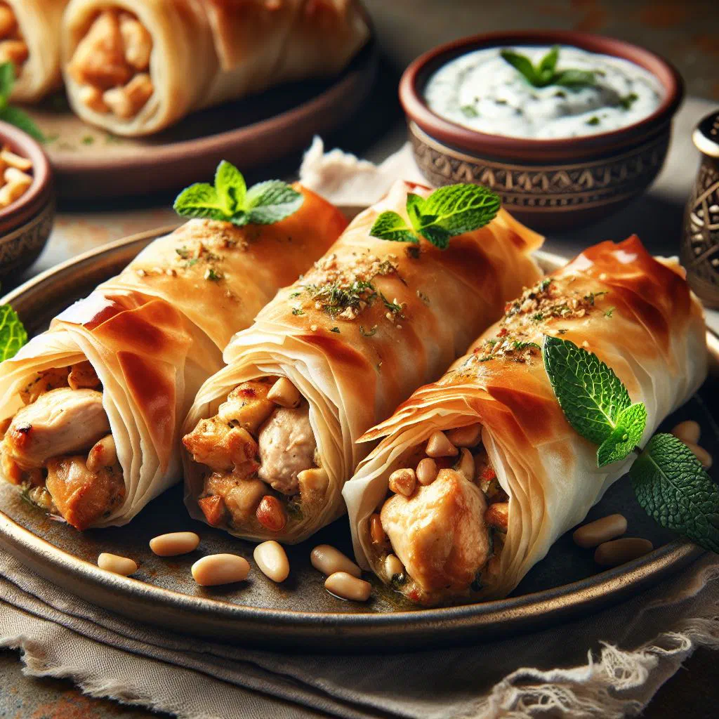 Musakhkhan rolls filled with spiced chicken and onions, wrapped in flatbread