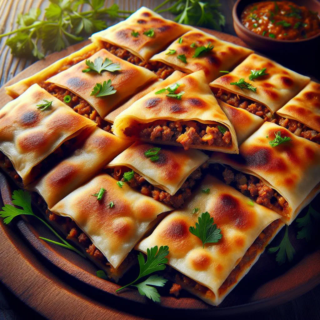 Golden pan-fried mutabbaq stuffed pastries garnished with fresh parsley