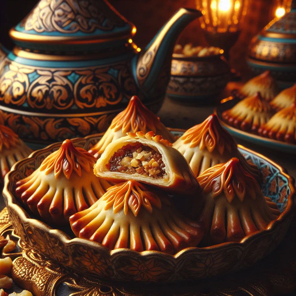 Golden stuffed qatayef pancakes drizzled with sugar syrup and chopped nuts