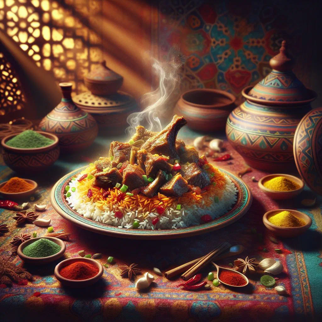 Qidreh with spiced lamb and rice served in a large pot