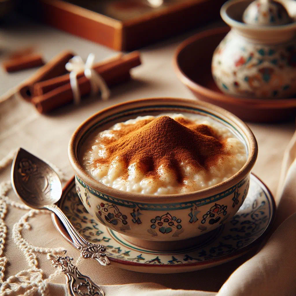 Jordanian roz bel halib rice pudding topped with pistachios and cinnamon