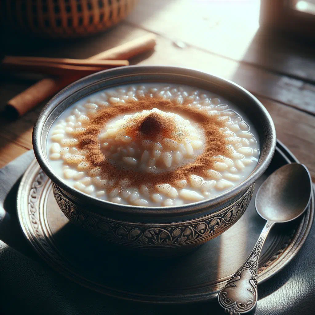 Creamy Jordanian rice pudding topped with toasted nuts and a dusting of cinnamon