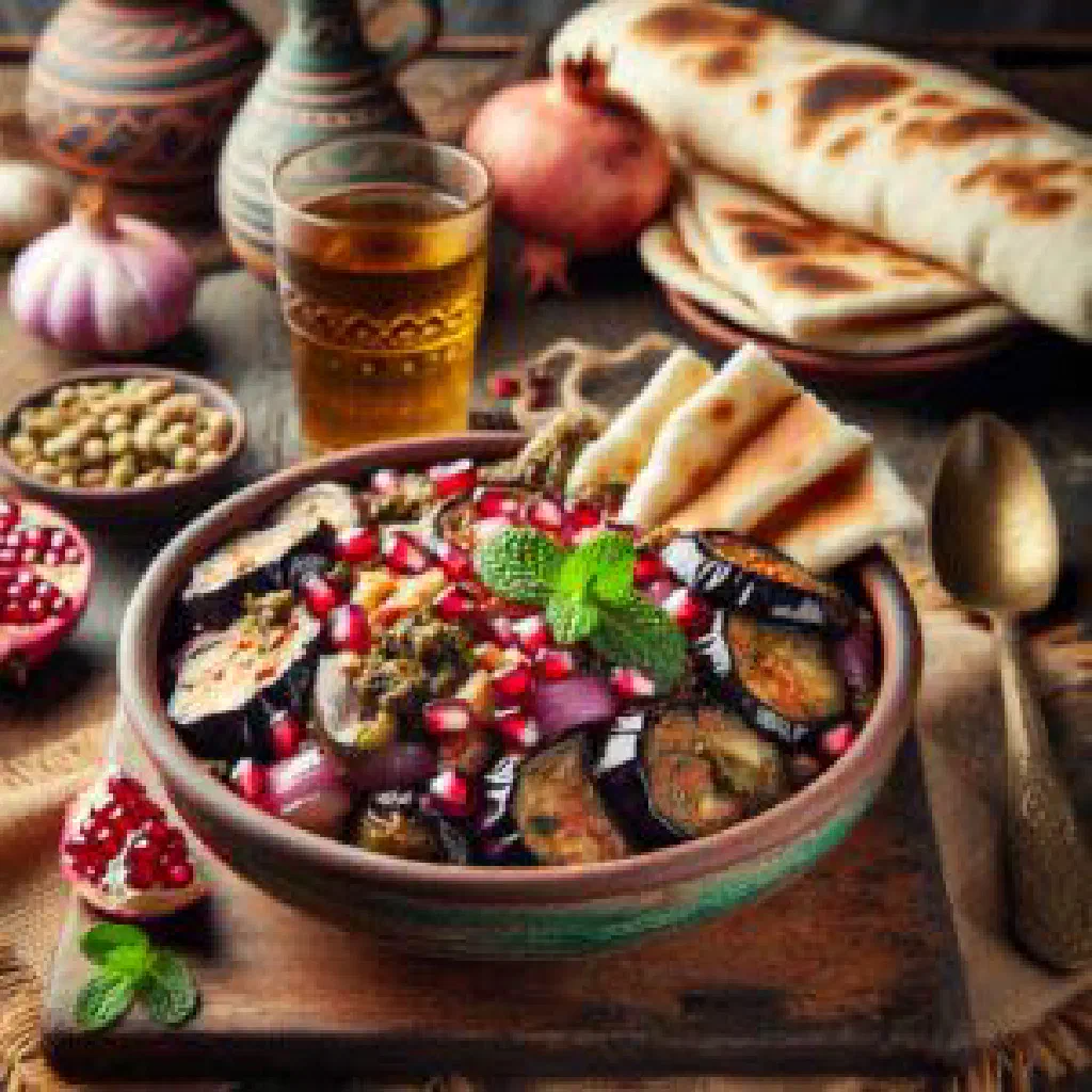 Slow-cooked Jordanian lamb rummaniyya garnished with fresh herbs