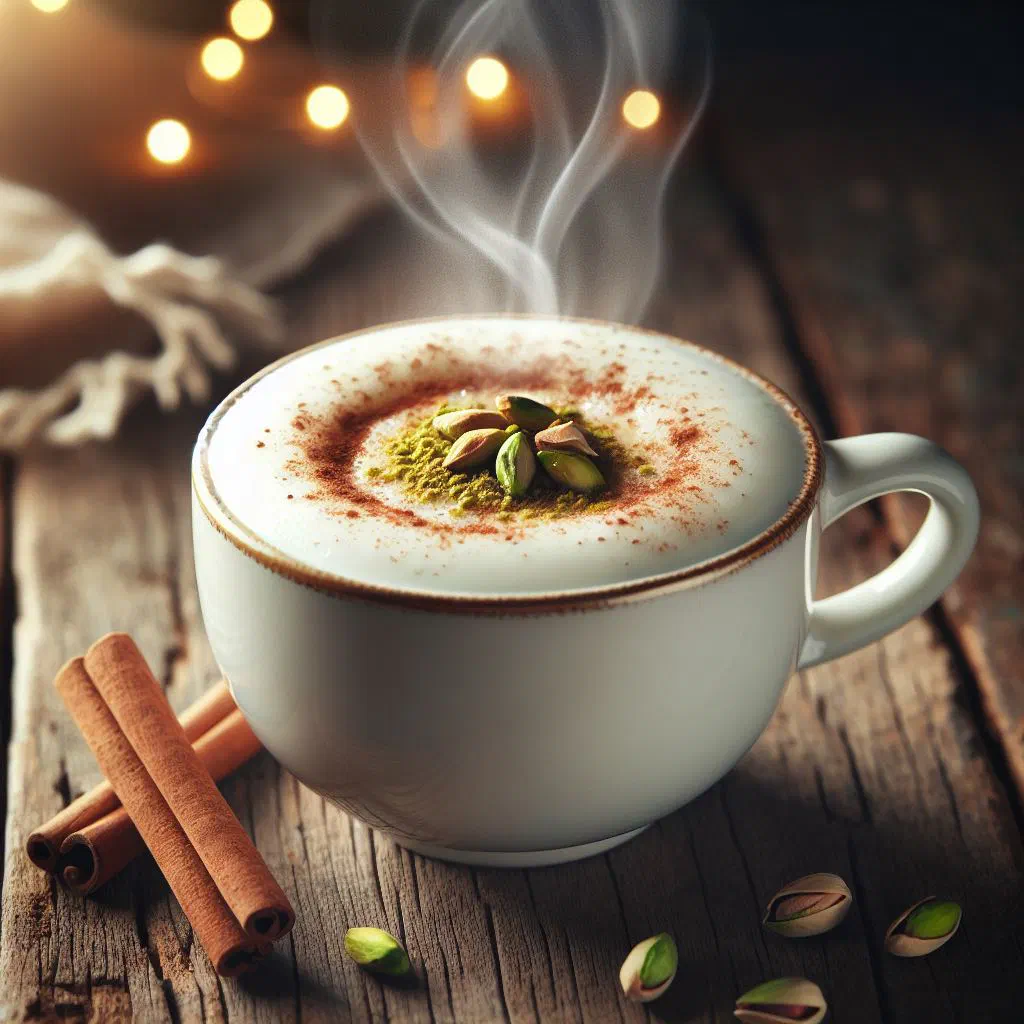 Creamy sahlab in a glass topped with cinnamon and chopped pistachios