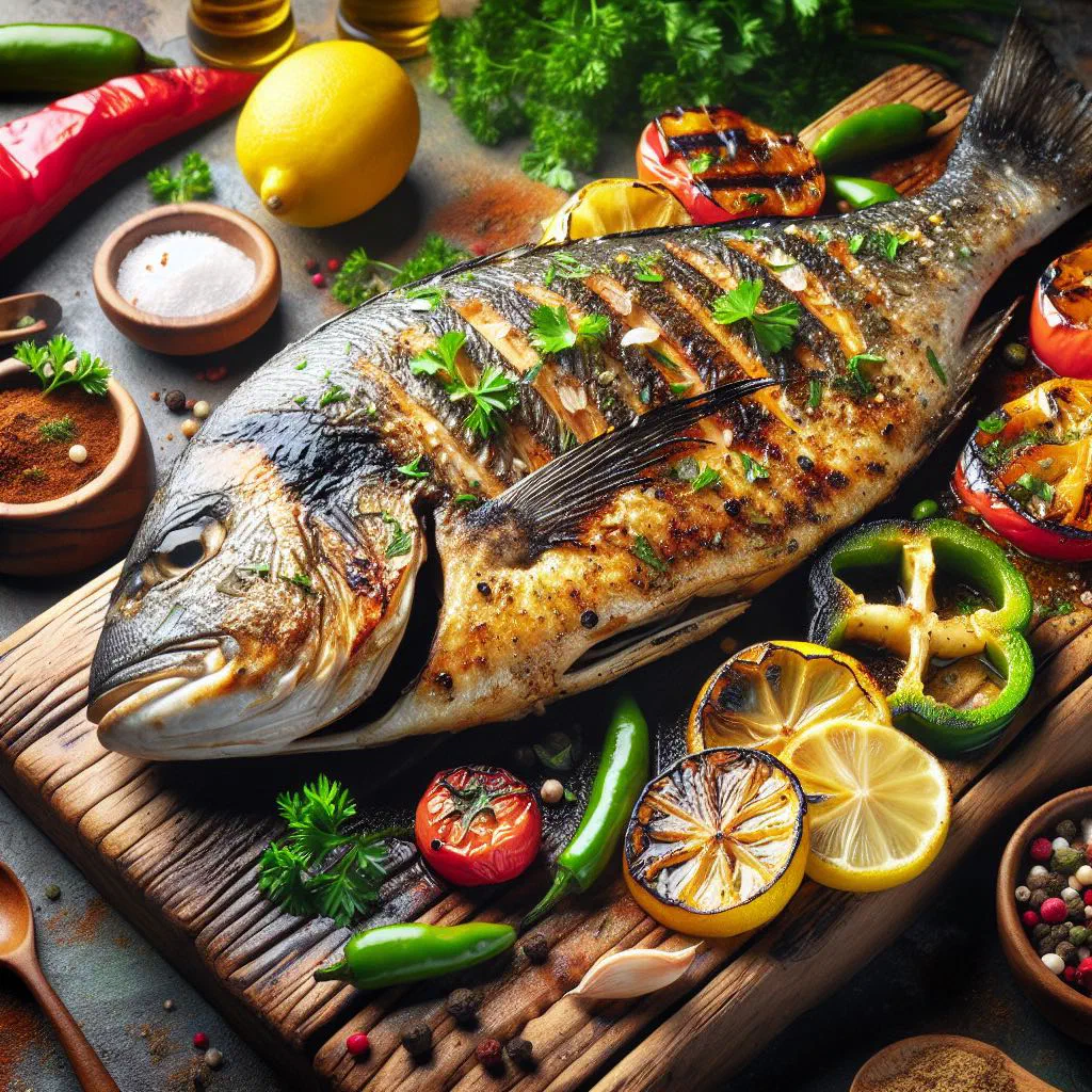 Marinated grilled fish garnished with fresh herbs and lemon
