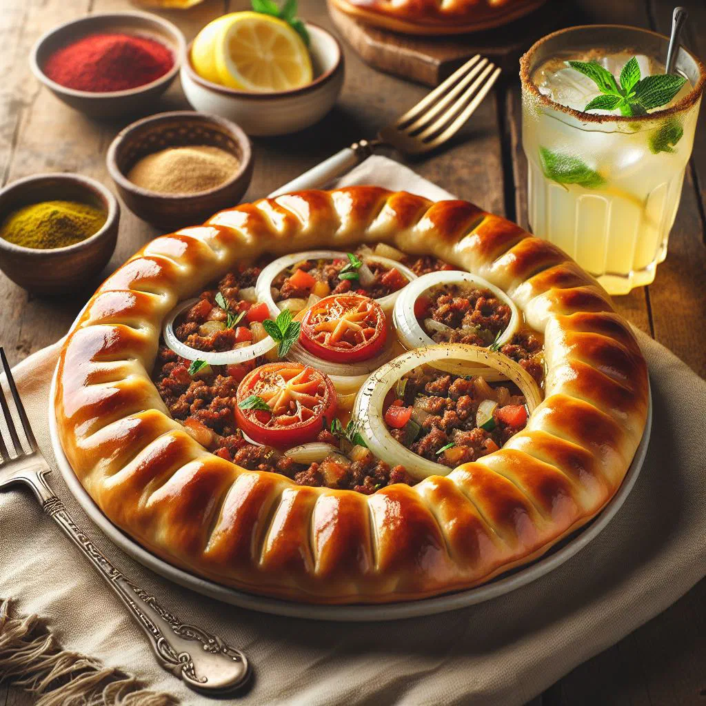 Golden baked sfeeha meat pies topped with spiced minced lamb
