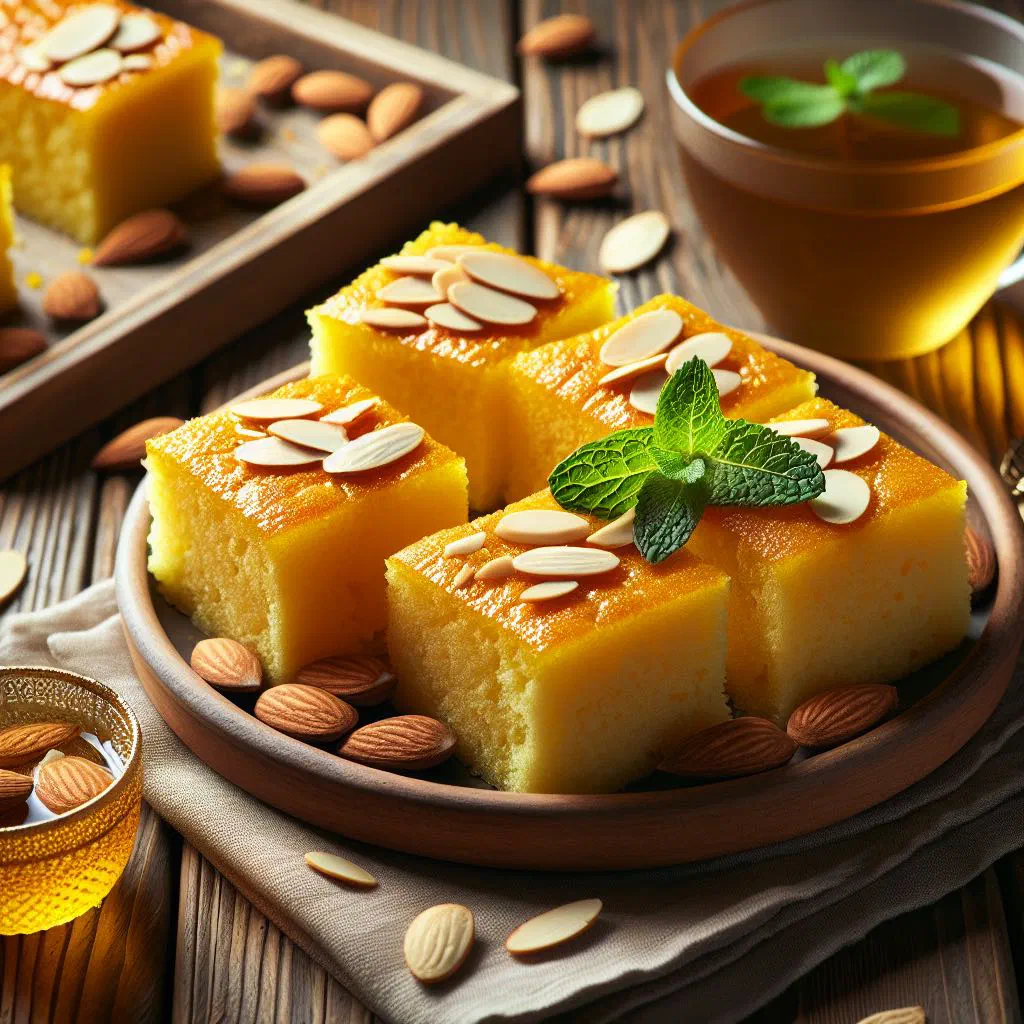 Bright yellow squares of sfouf turmeric cake topped with almonds