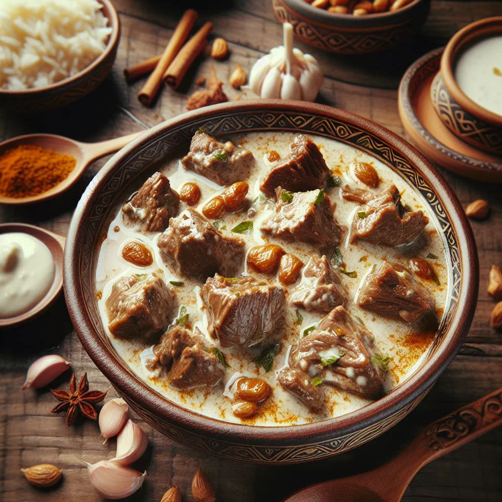 Tender lamb in creamy yoghurt sauce served with rice and fresh herbs