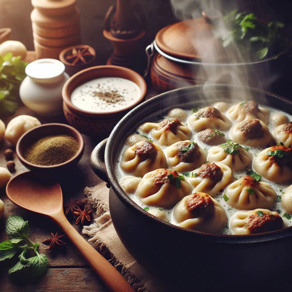 Shish barak dumplings simmering in a creamy yoghurt sauce