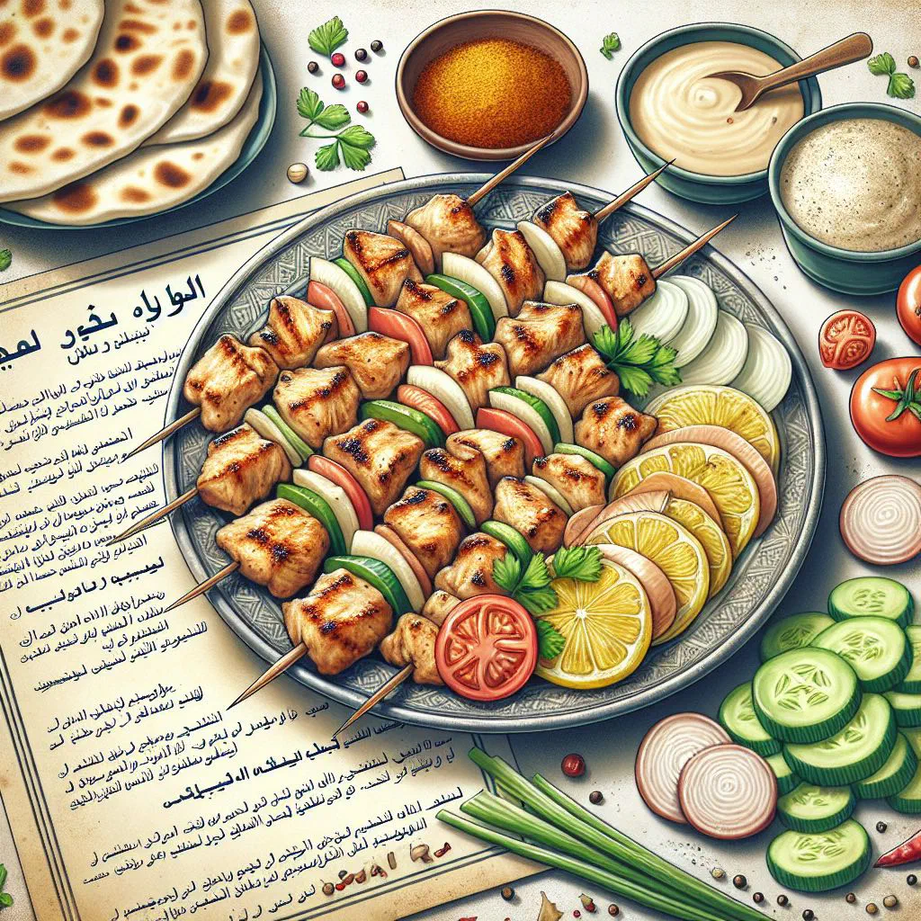 Grilled marinated chicken skewers served with flatbread and herbs