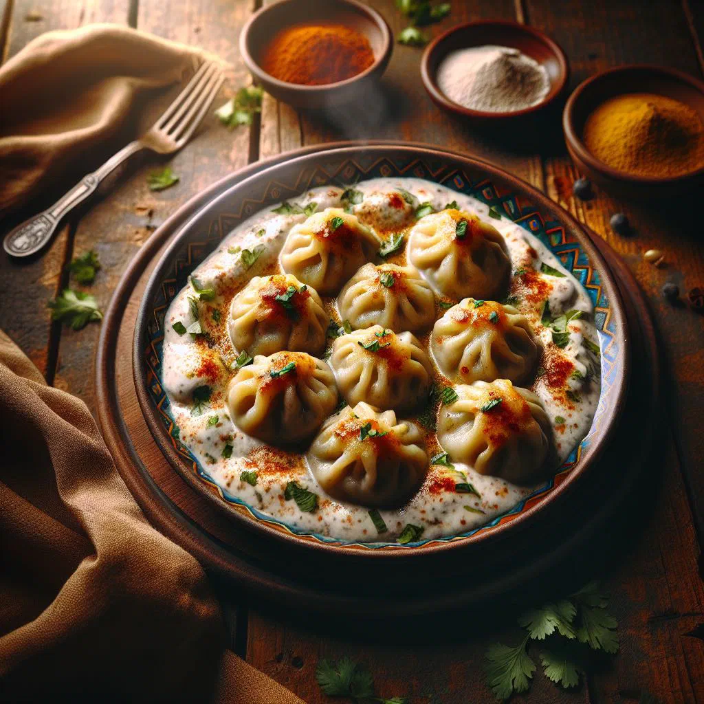 Shishbarak meat dumplings simmered in creamy yoghurt sauce