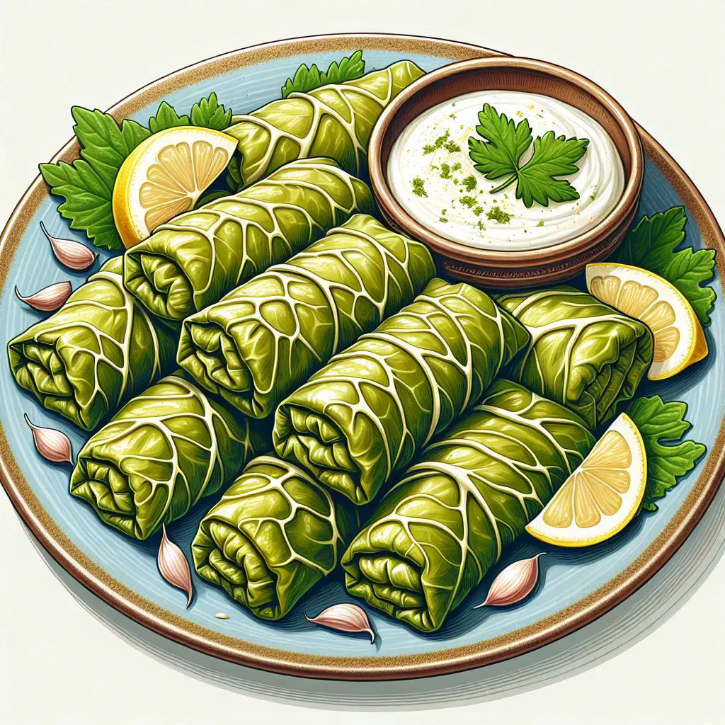 Malfoof stuffed cabbage rolls simmered in broth on a serving plate