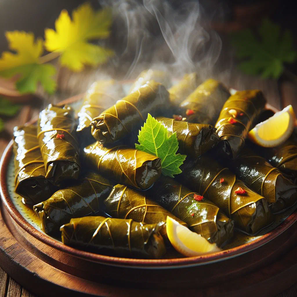 Rolled stuffed grape leaves arranged on a plate with lemon