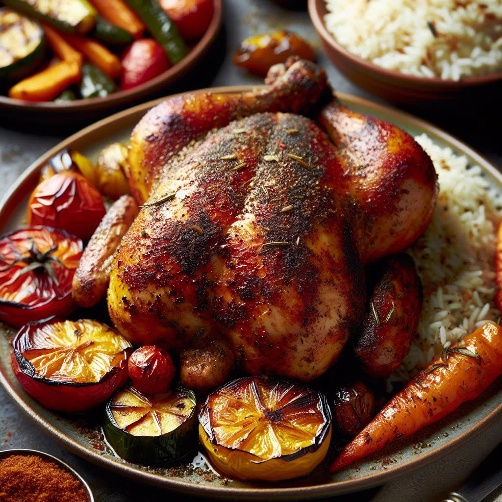 Sumac chicken garnished with fresh parsley and lemon slices