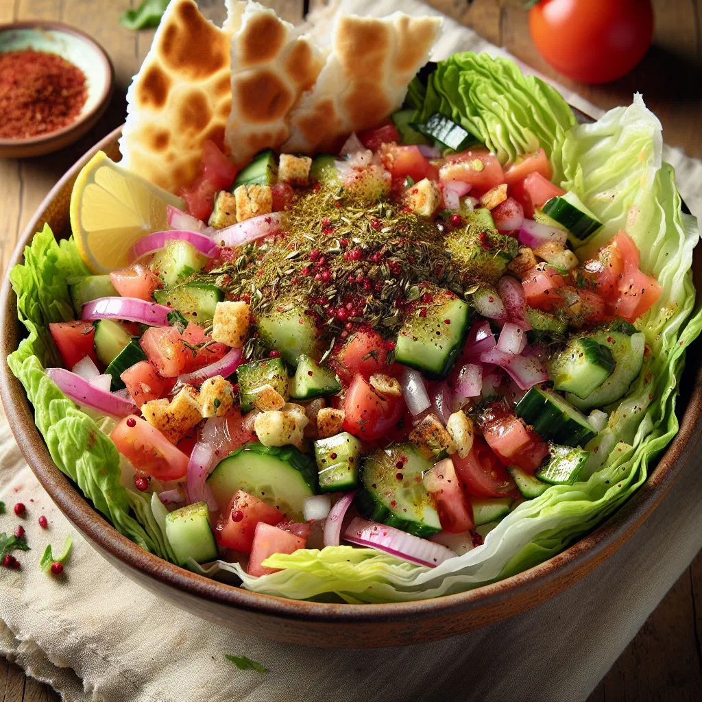 Fresh sumac salad with chopped vegetables and herbs dusted with red sumac