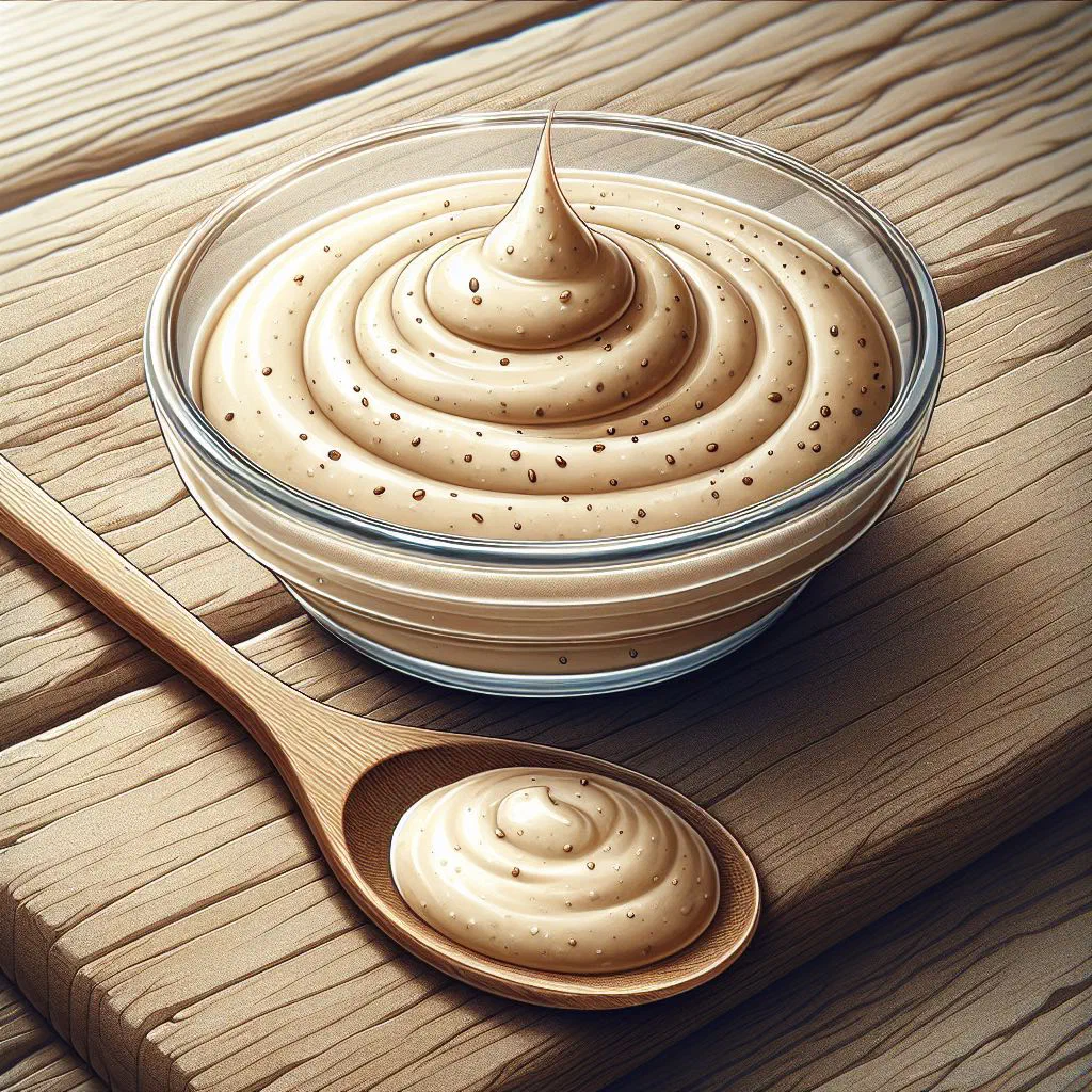 Creamy tahini sauce in a small bowl drizzled with olive oil