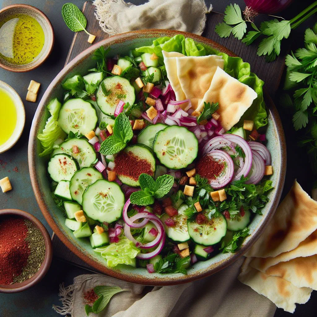 A colourful bowl of Tishreen salad with tomato, cucumber, red onion and fresh herbs