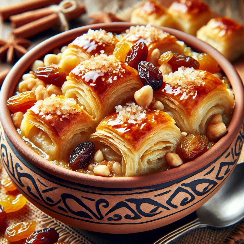 Umm Ali bread pudding topped with golden almonds and cinnamon