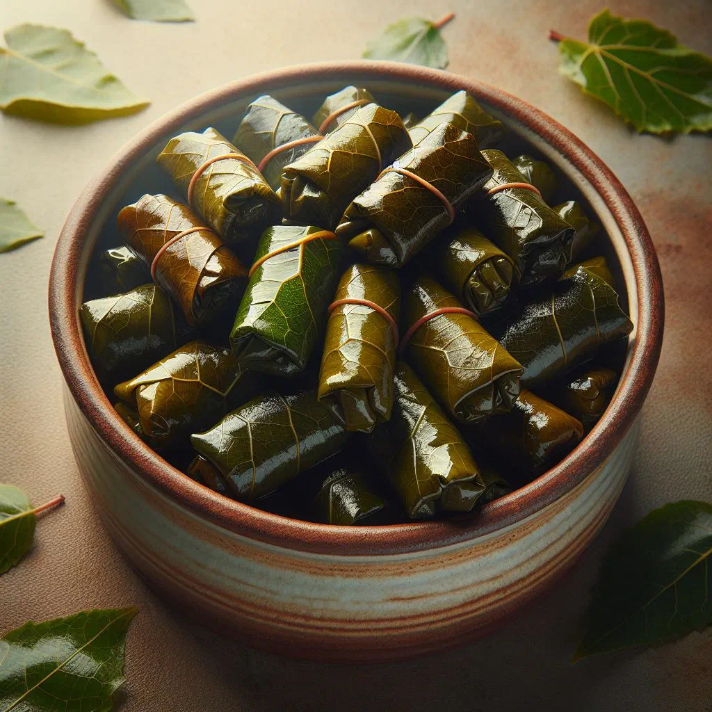 Rolled stuffed vine leaves arranged on a plate with lemon wedges